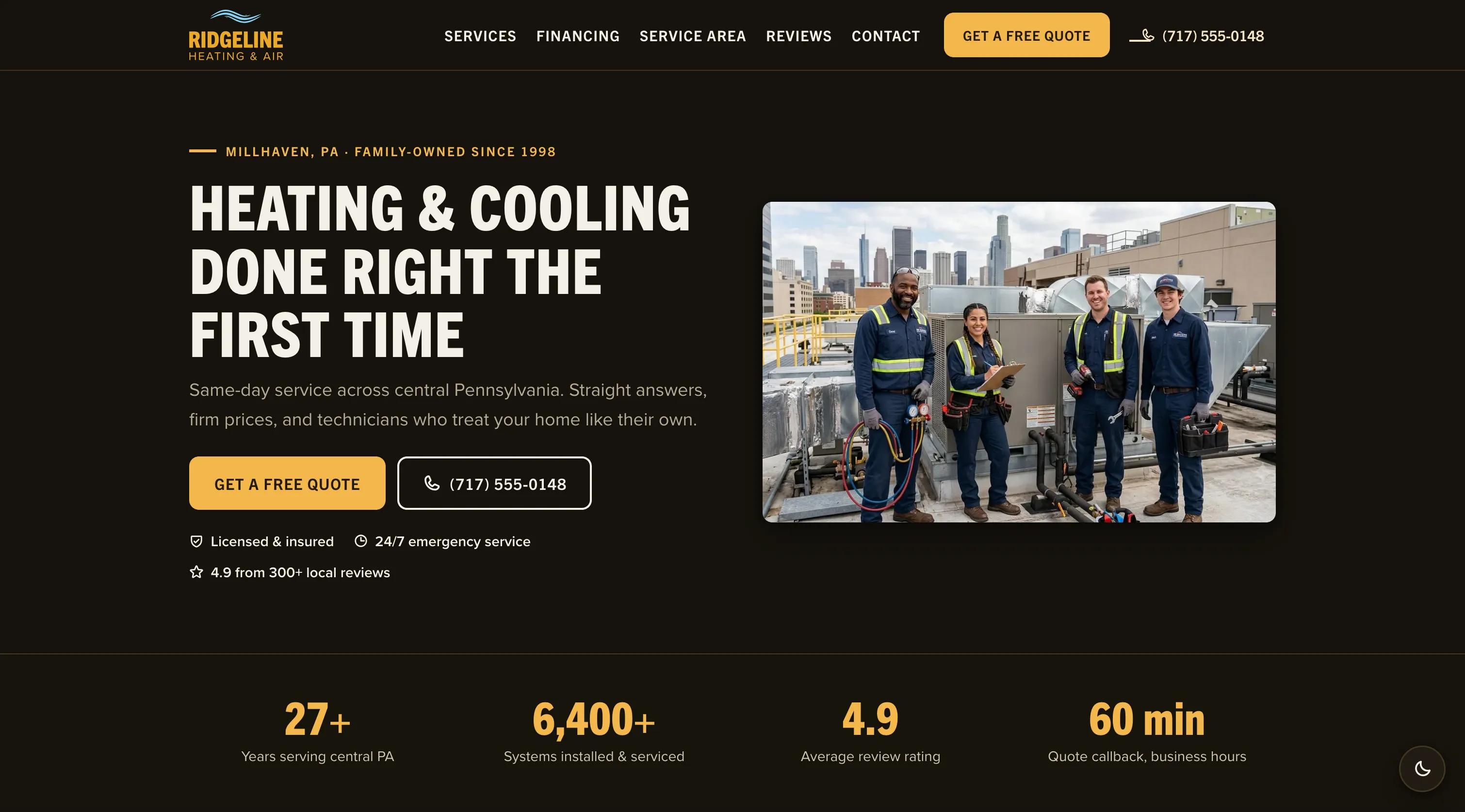 Homepage of the Ridgeline Heating & Air website