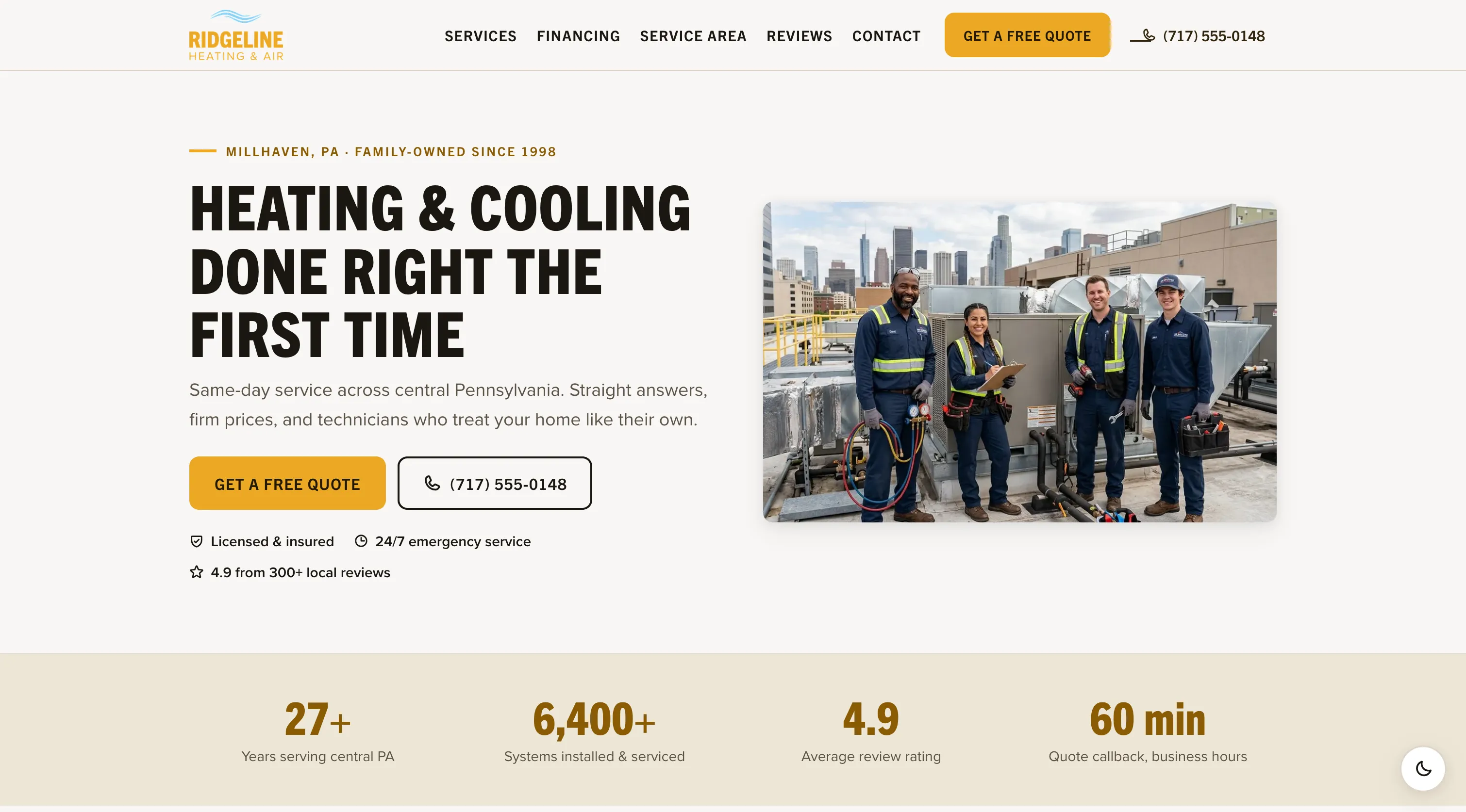 Homepage of the Ridgeline Heating & Air website