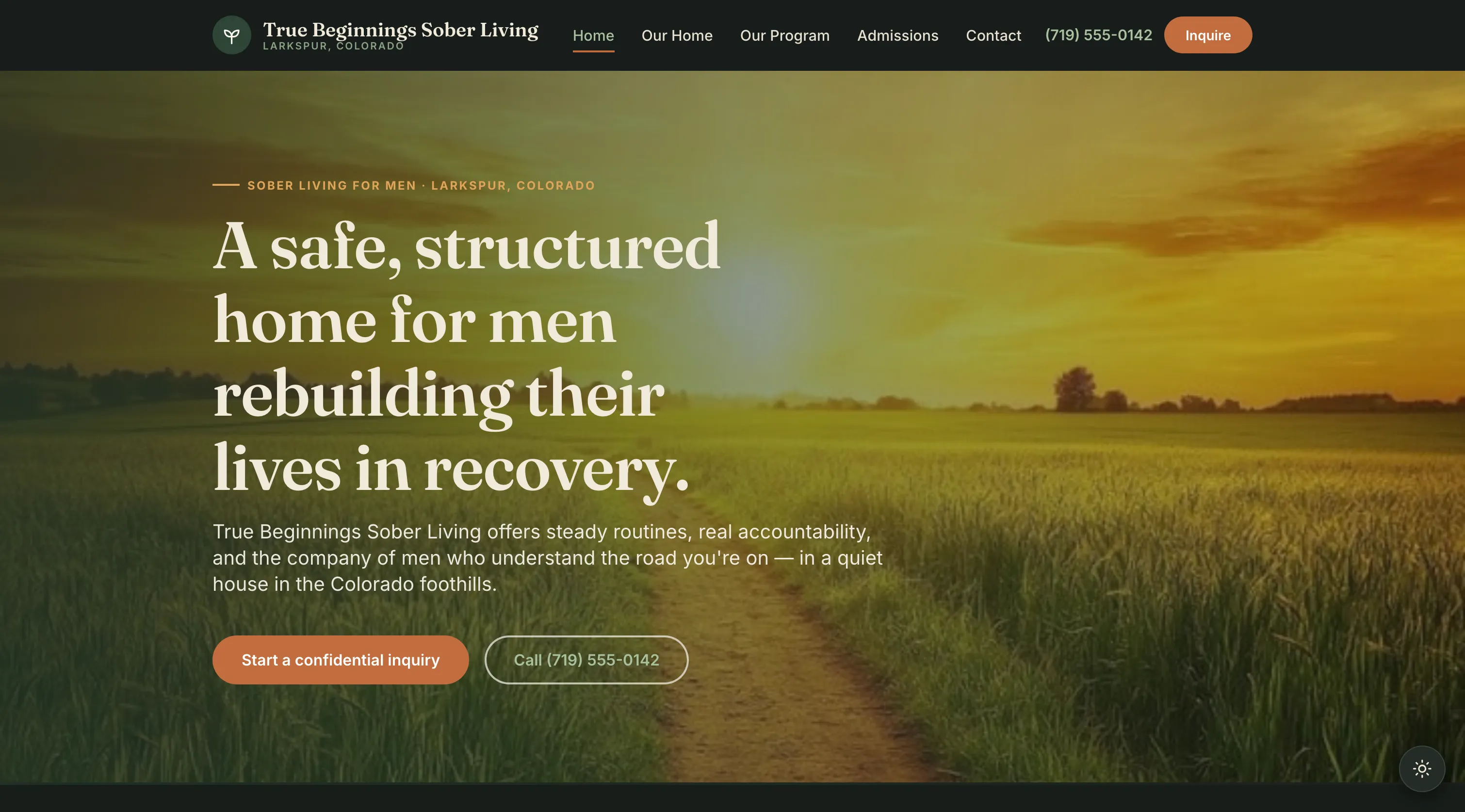 Homepage of the True Beginnings Sober Living website