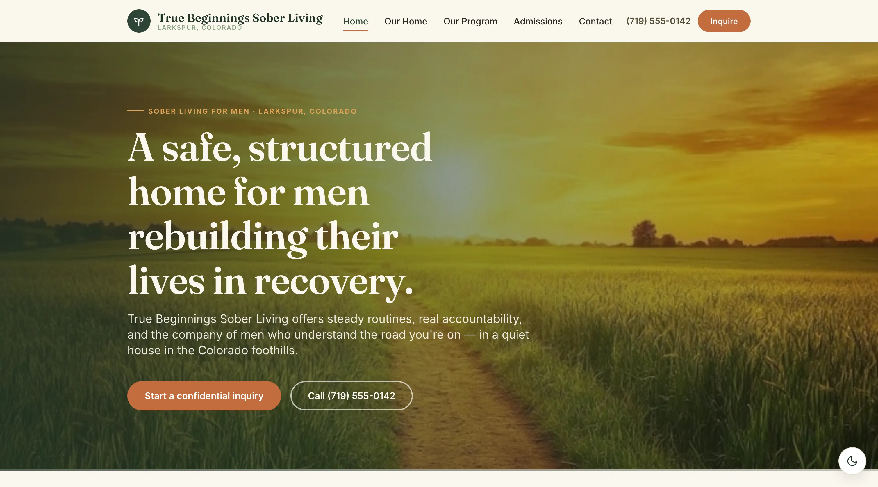 Homepage of the True Beginnings Sober Living website