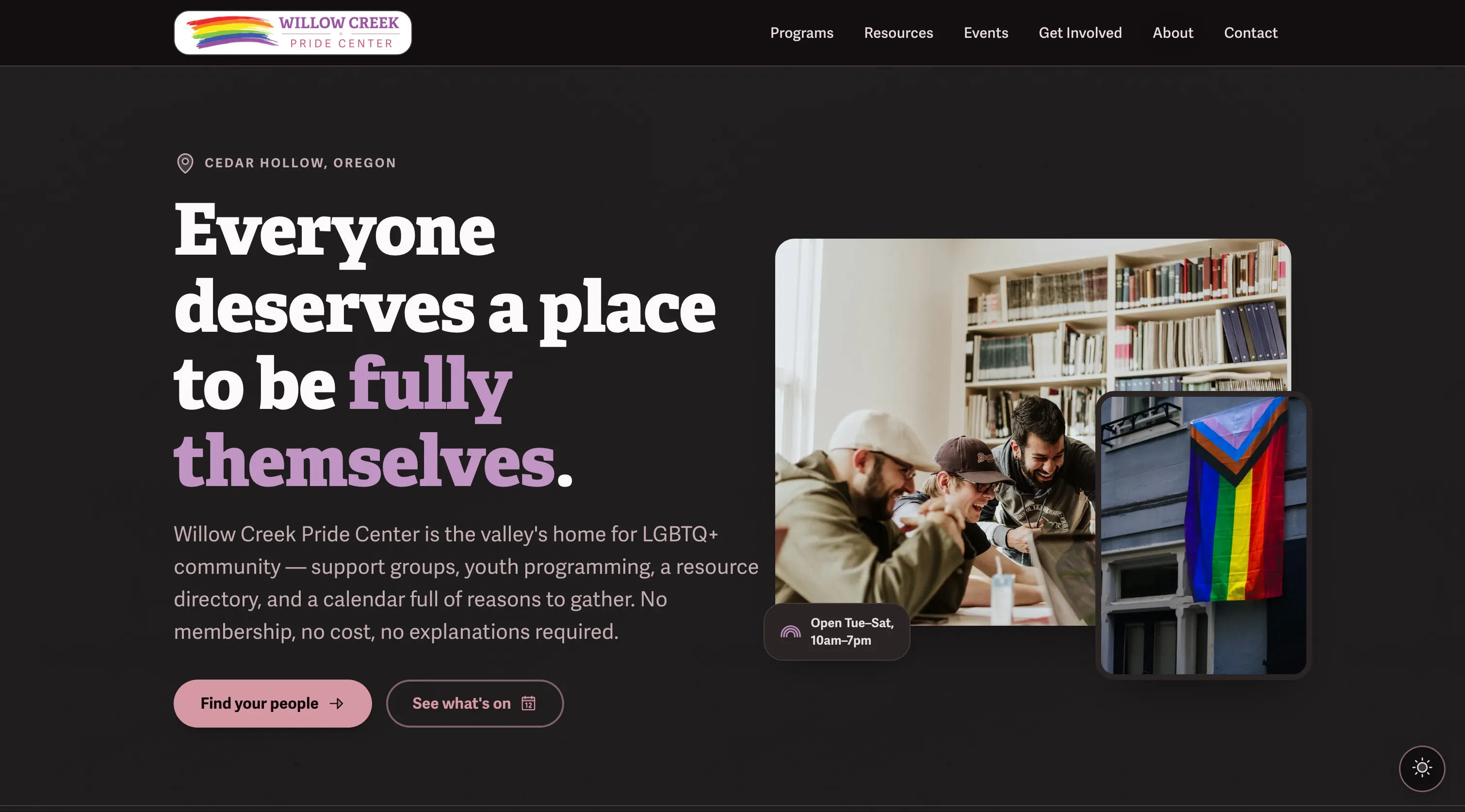 Homepage of the Willow Creek Pride Center website