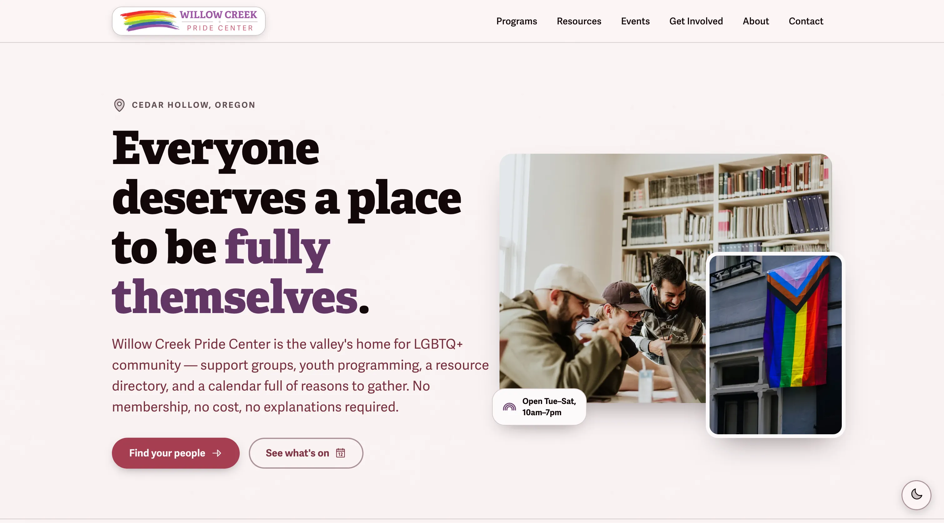 Homepage of the Willow Creek Pride Center website